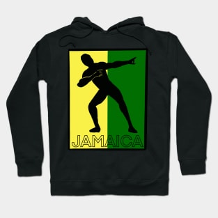 Jamaica sprinter pose with the Jamaican flag colours of black green and gold with the word Jamaica Hoodie